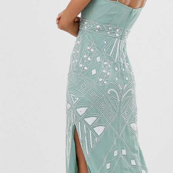 Beaded Midi Cocktail Dress - Mint Green - Picture 3 of 5